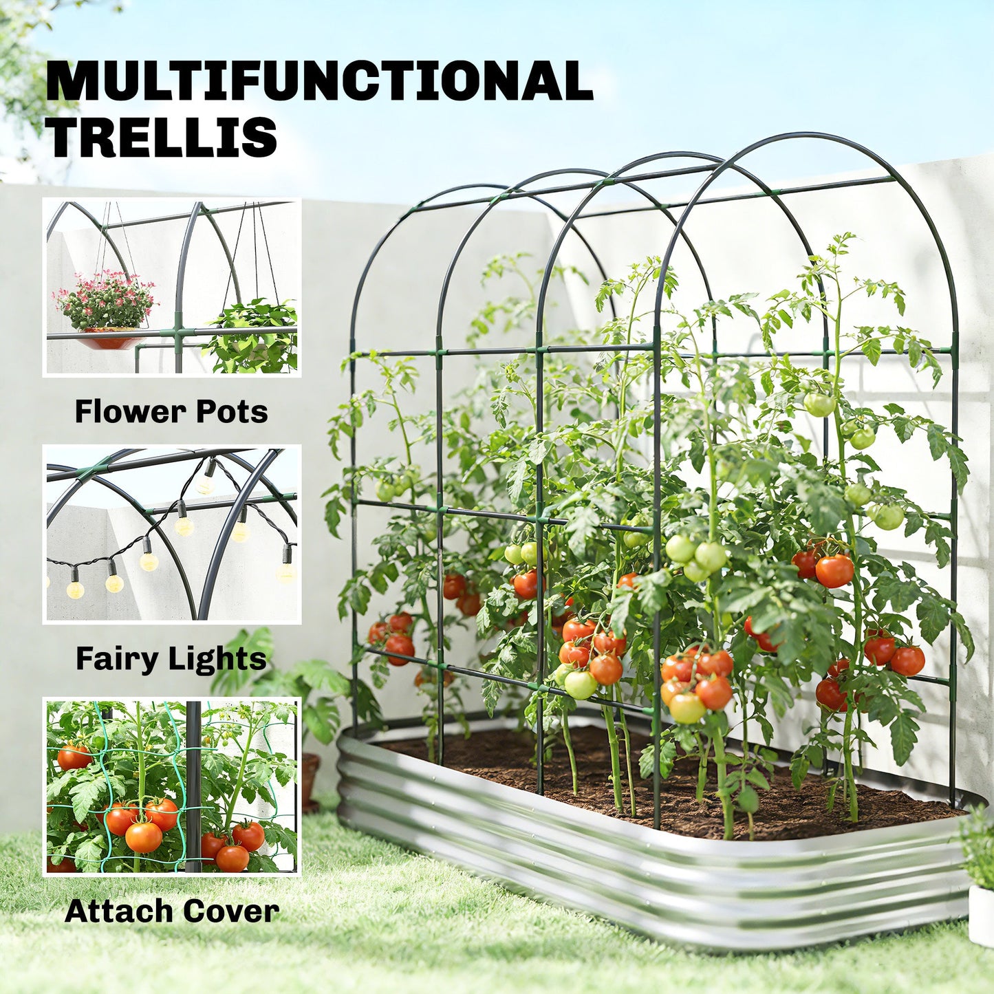 Galvanised Raised Garden Bed with Arched Trellis, 7 x 4 x 7ft Metal Outdoor Planter Box with Open Bottom Design, Modular Raised Bed with Gloves, Easy Assembly, Silver