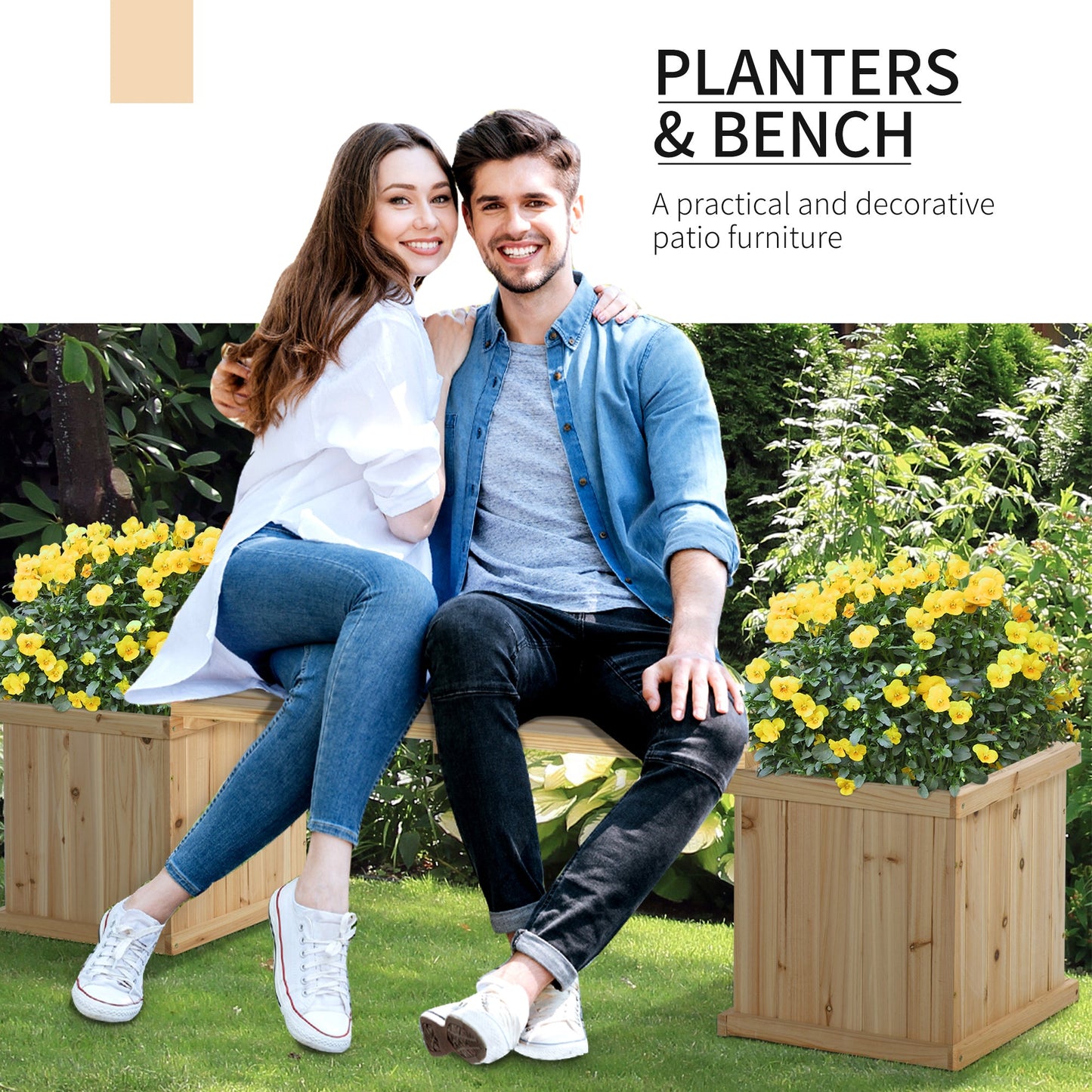 Raised Garden Bed Plant Stand Wooden Garden Planter & Bench Combination Garden Raised Bed for Patio Park, 69.25" x 15" x 15.75", Natural