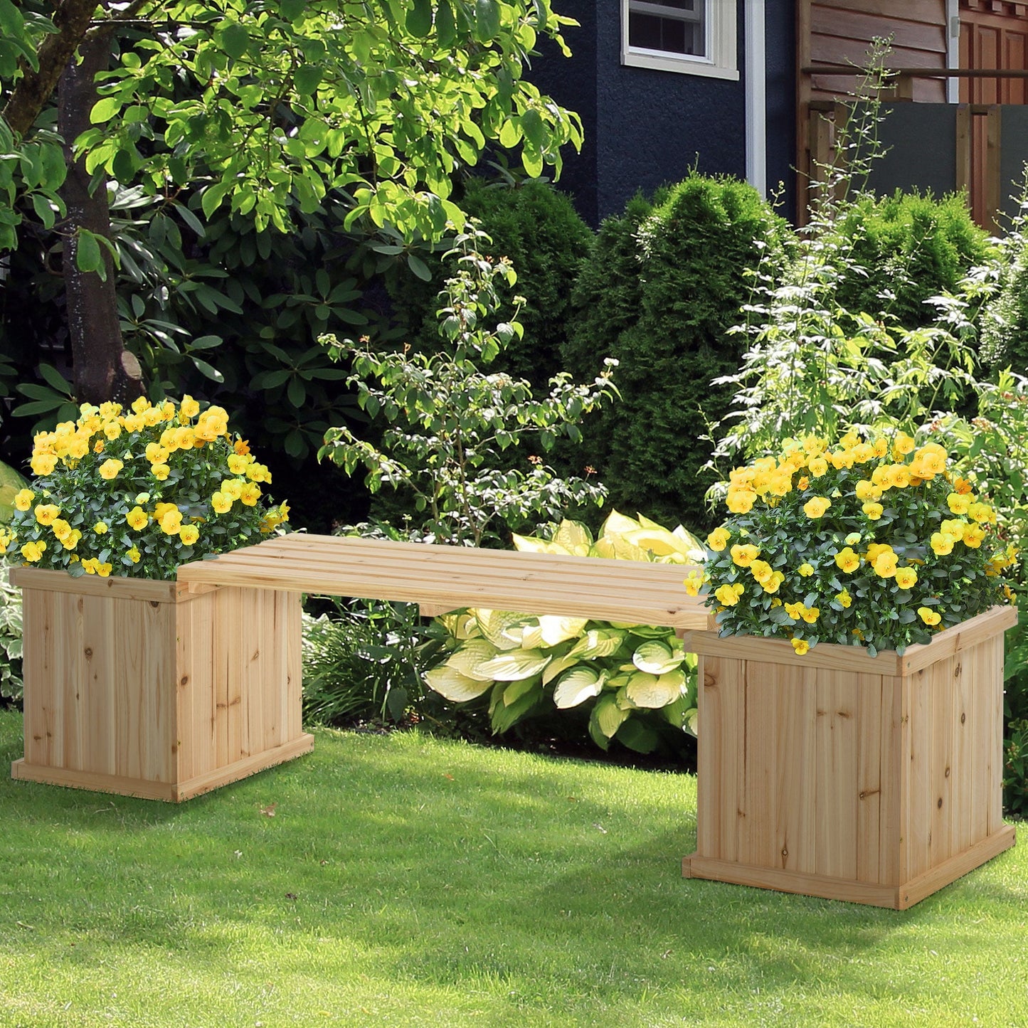 Raised Garden Bed Plant Stand Wooden Garden Planter & Bench Combination Garden Raised Bed for Patio Park, 69.25" x 15" x 15.75", Natural