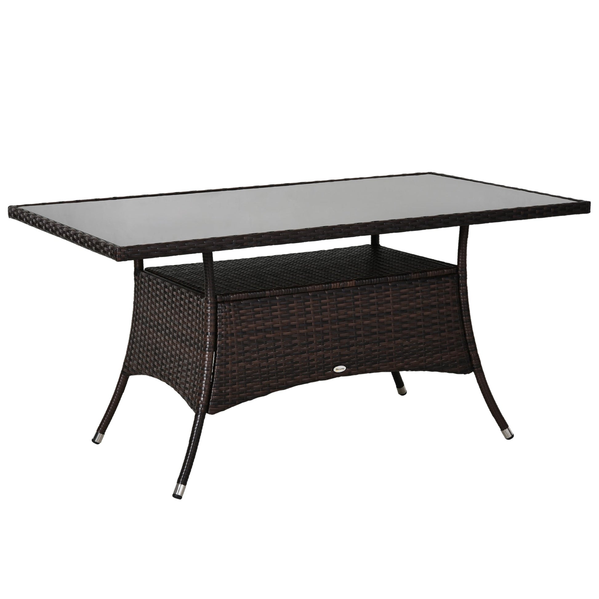 59" x 34" Patio Rattan Dining Table, Outdoor Wicker Table with Tempered Glass Top and Storage Shelf, All Weather Backyard Furniture, Brown