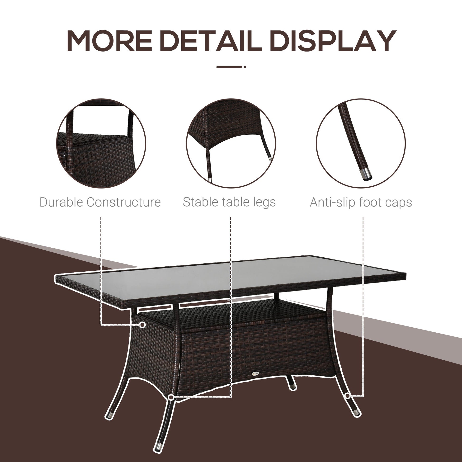 59" x 34" Patio Rattan Dining Table, Outdoor Wicker Table with Tempered Glass Top and Storage Shelf, All Weather Backyard Furniture, Brown