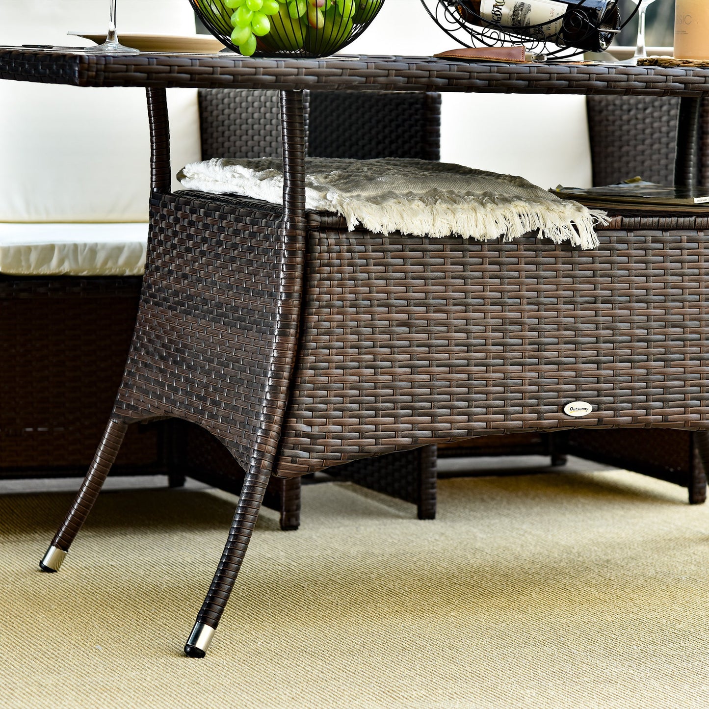59" x 34" Patio Rattan Dining Table, Outdoor Wicker Table with Tempered Glass Top and Storage Shelf, All Weather Backyard Furniture, Brown