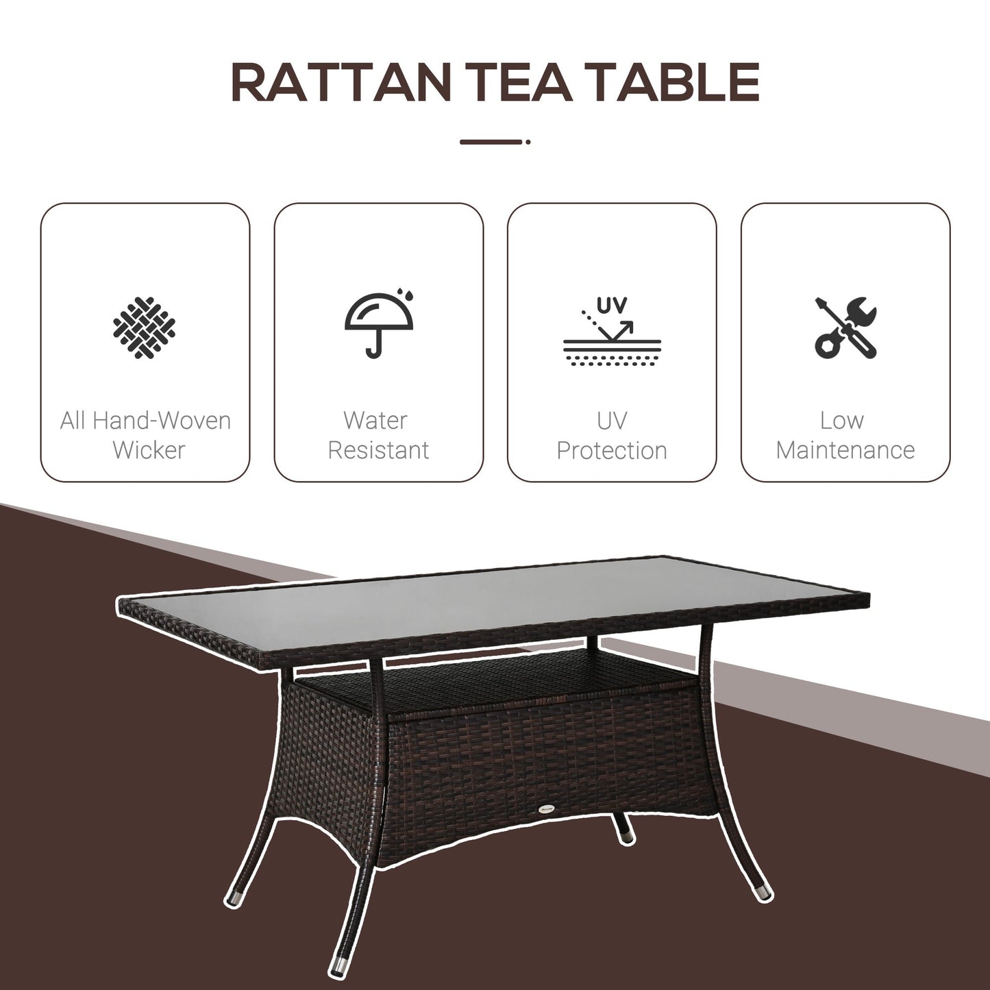 59" x 34" Patio Rattan Dining Table, Outdoor Wicker Table with Tempered Glass Top and Storage Shelf, All Weather Backyard Furniture, Brown