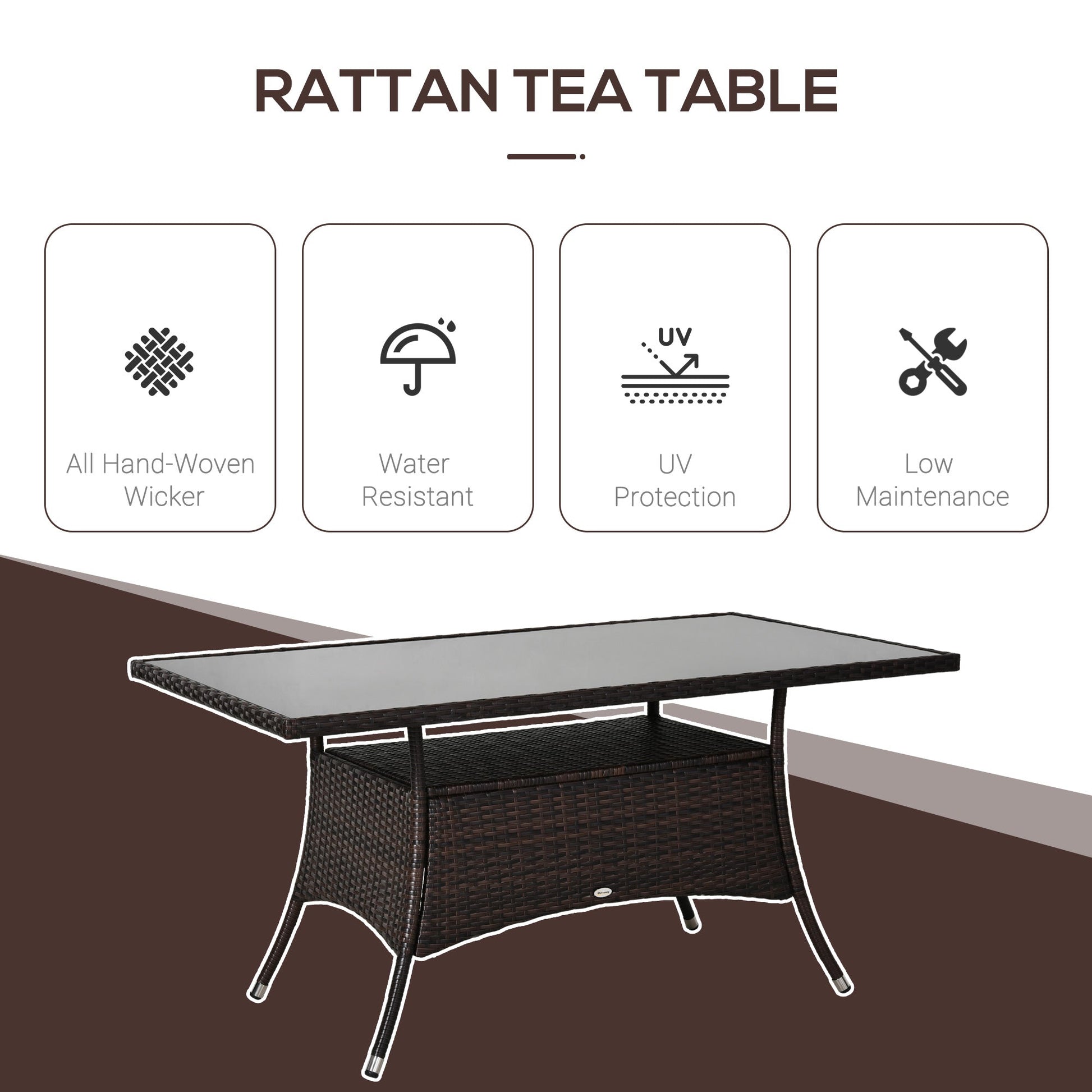 59" x 34" Patio Rattan Dining Table, Outdoor Wicker Table with Tempered Glass Top and Storage Shelf, All Weather Backyard Furniture, Brown