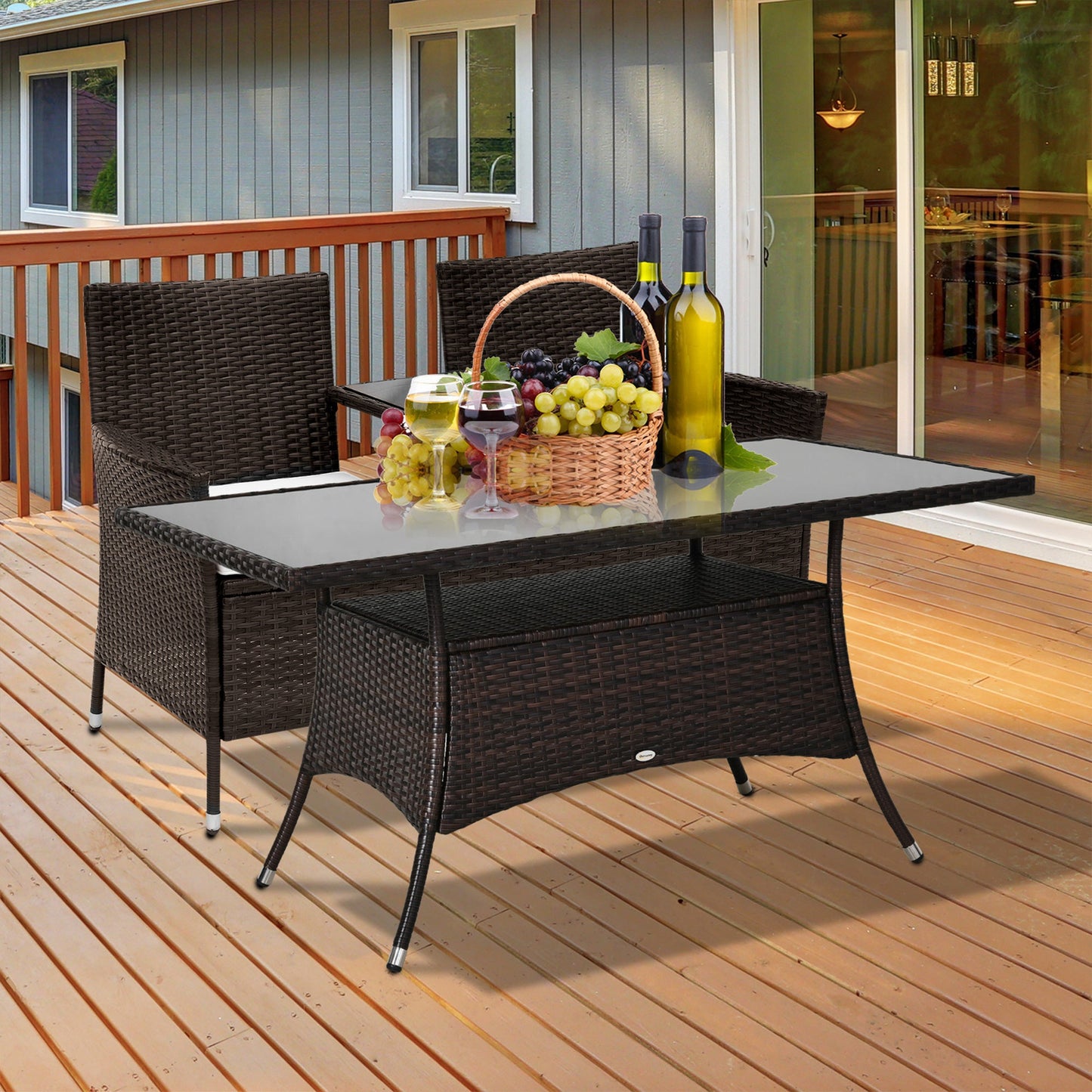 59" x 34" Patio Rattan Dining Table, Outdoor Wicker Table with Tempered Glass Top and Storage Shelf, All Weather Backyard Furniture, Brown