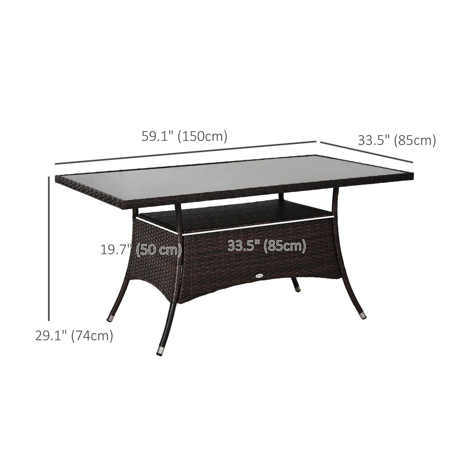 59" x 34" Patio Rattan Dining Table, Outdoor Wicker Table with Tempered Glass Top and Storage Shelf, All Weather Backyard Furniture, Brown