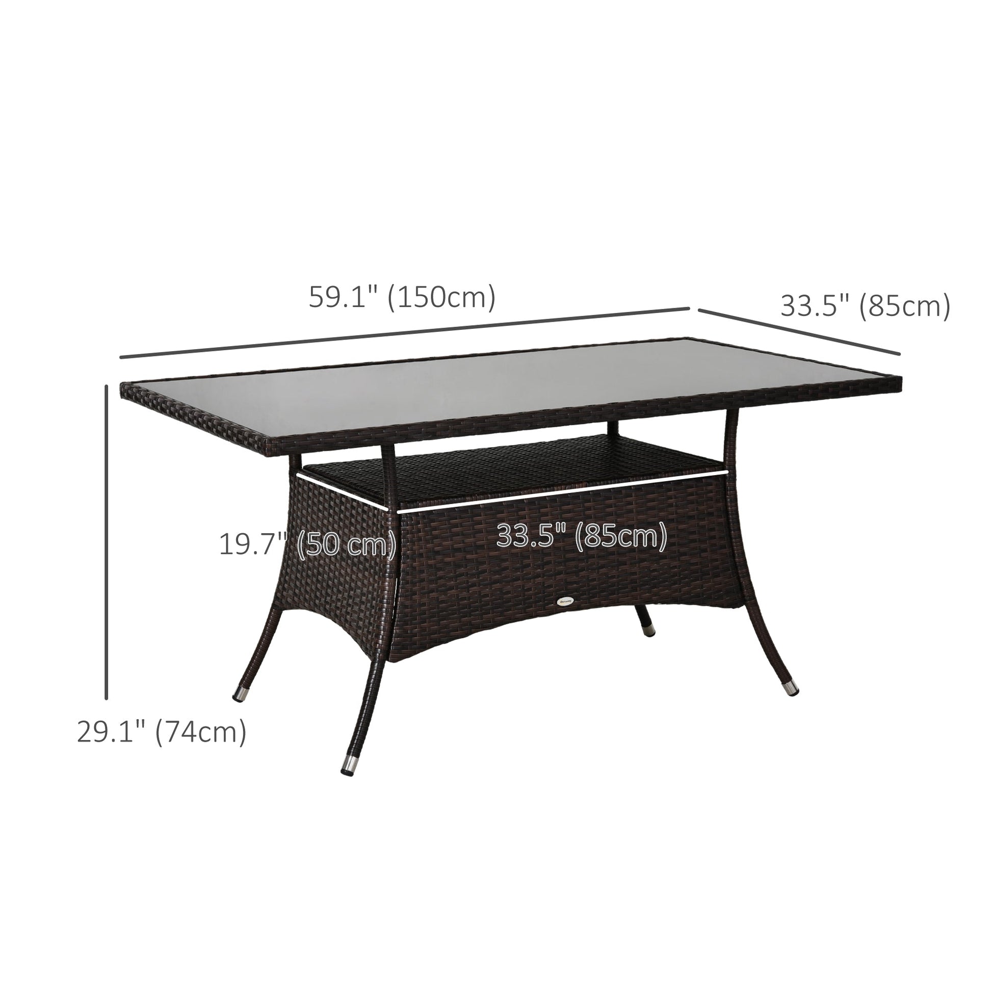59" x 34" Patio Rattan Dining Table, Outdoor Wicker Table with Tempered Glass Top and Storage Shelf, All Weather Backyard Furniture, Brown
