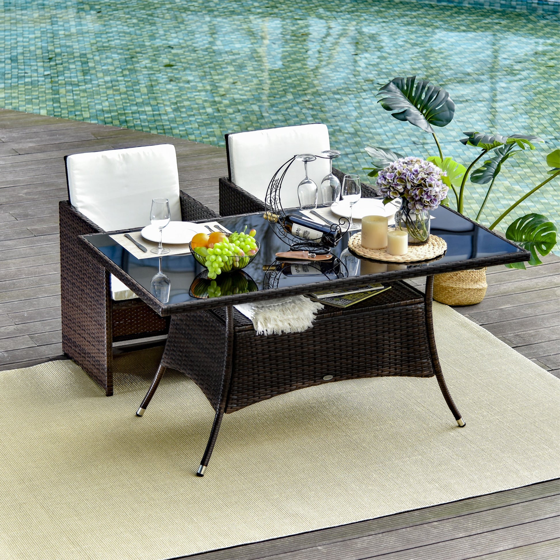 59" x 34" Patio Rattan Dining Table, Outdoor Wicker Table with Tempered Glass Top and Storage Shelf, All Weather Backyard Furniture, Brown