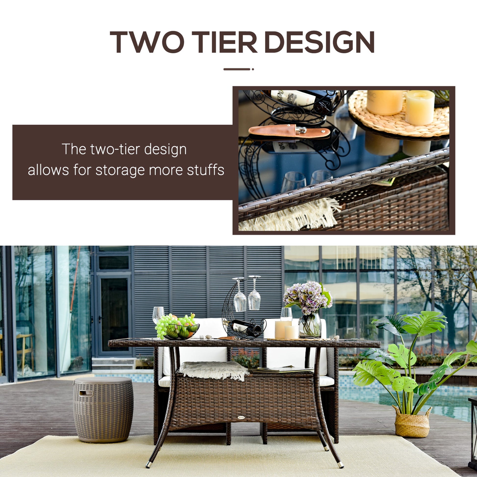 59" x 34" Patio Rattan Dining Table, Outdoor Wicker Table with Tempered Glass Top and Storage Shelf, All Weather Backyard Furniture, Brown