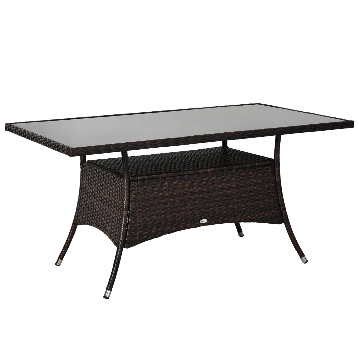 59" x 34" Patio Rattan Dining Table, Outdoor Wicker Table with Tempered Glass Top and Storage Shelf, All Weather Backyard Furniture, Brown