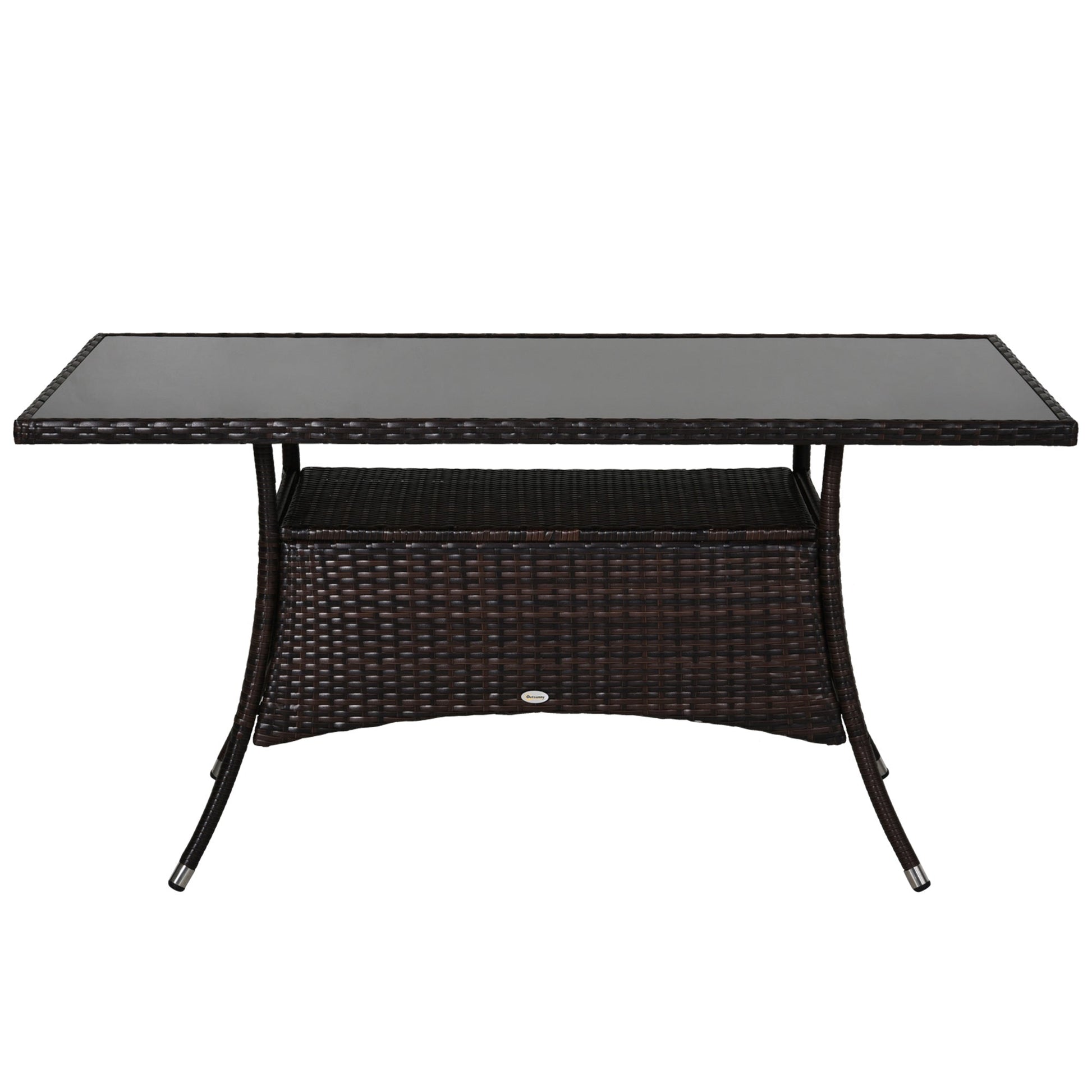 59" x 34" Patio Rattan Dining Table, Outdoor Wicker Table with Tempered Glass Top and Storage Shelf, All Weather Backyard Furniture, Brown