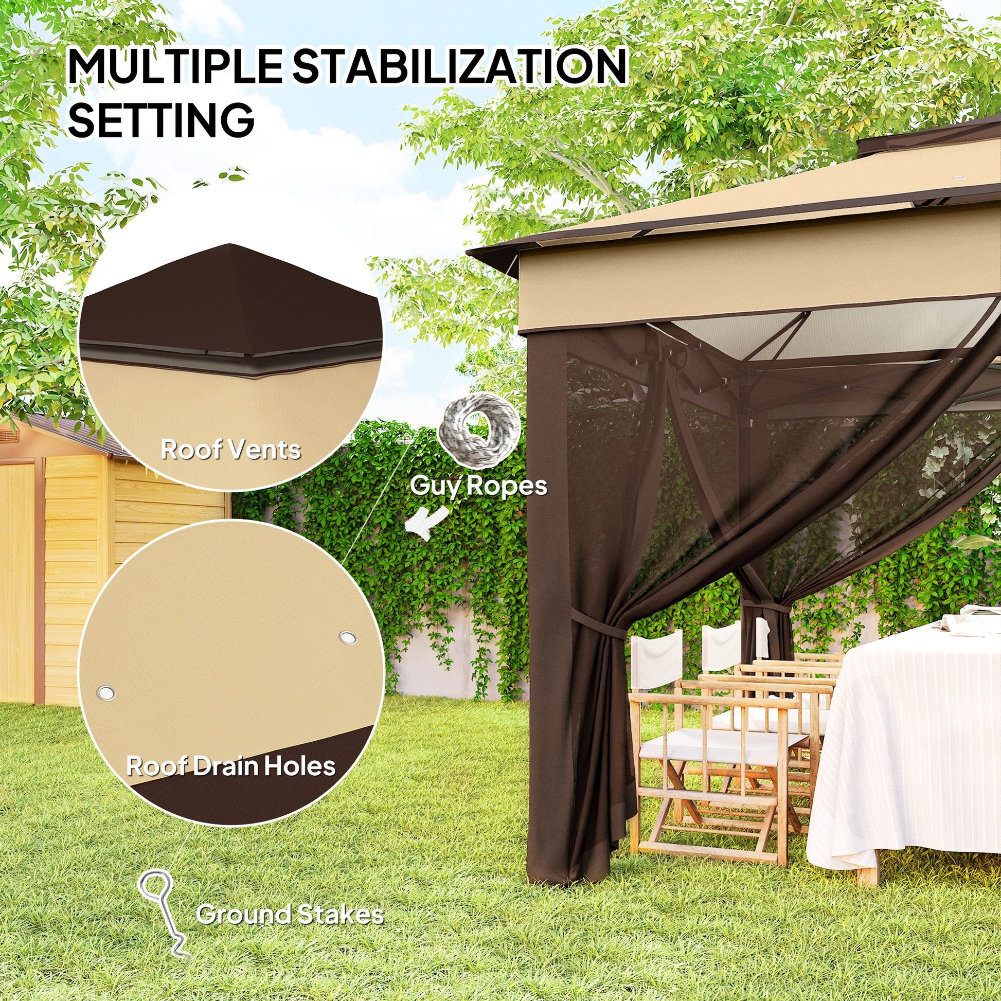 10.7 x 10.7ft Pop Up Camping Gazebo, Height Adjustable Instant Sun Shelter with UV30+ Roof Cover, Removable Mesh Curtains and Carrying Bag for Patio, Backyard, Beige