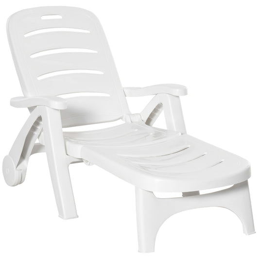 Outdoor Lounge Chair, 5 Level Adjustable Backrest Chaise Lounge with Wheels, Folding Tanning Chair for Pool, Beach, Patio, Garden, White