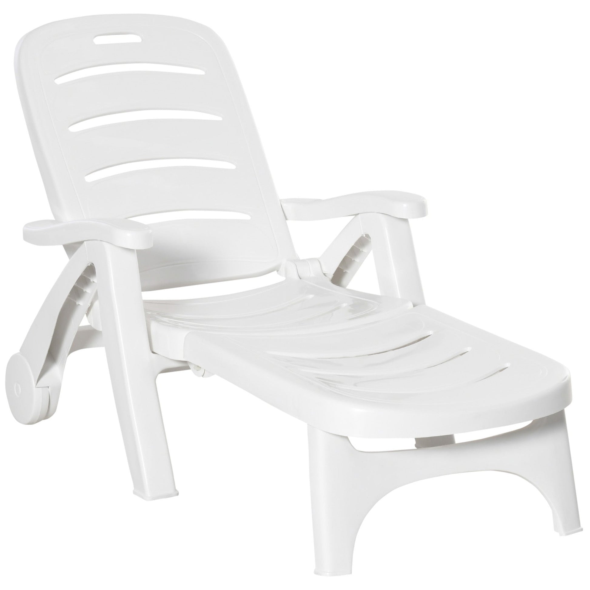 Outdoor Lounge Chair, 5 Level Adjustable Backrest Chaise Lounge with Wheels, Folding Tanning Chair for Pool, Beach, Patio, Garden, White