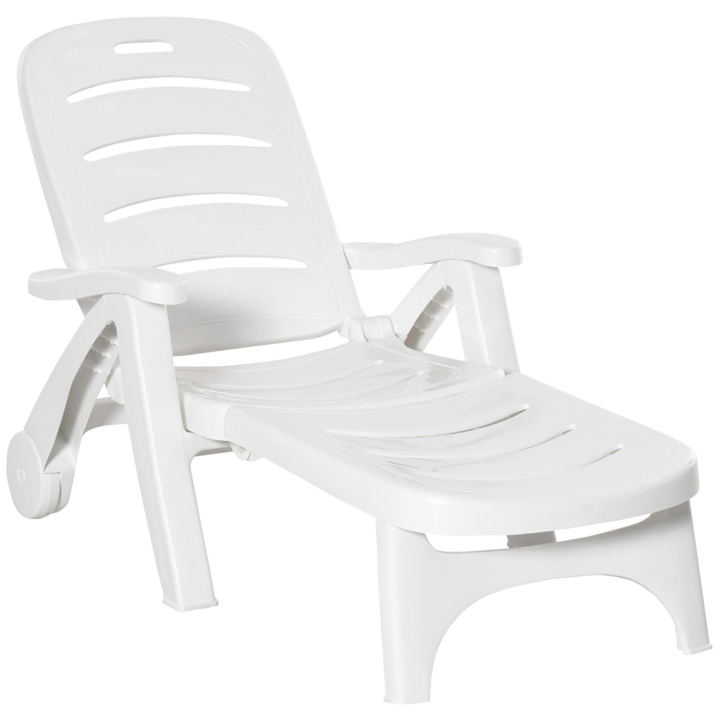 Outdoor Lounge Chair, 5 Level Adjustable Backrest Chaise Lounge with Wheels, Folding Tanning Chair for Pool, Beach, Patio, Garden, White