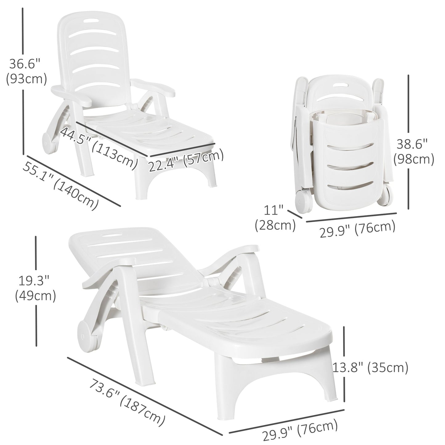 Outdoor Lounge Chair, 5 Level Adjustable Backrest Chaise Lounge with Wheels, Folding Tanning Chair for Pool, Beach, Patio, Garden, White