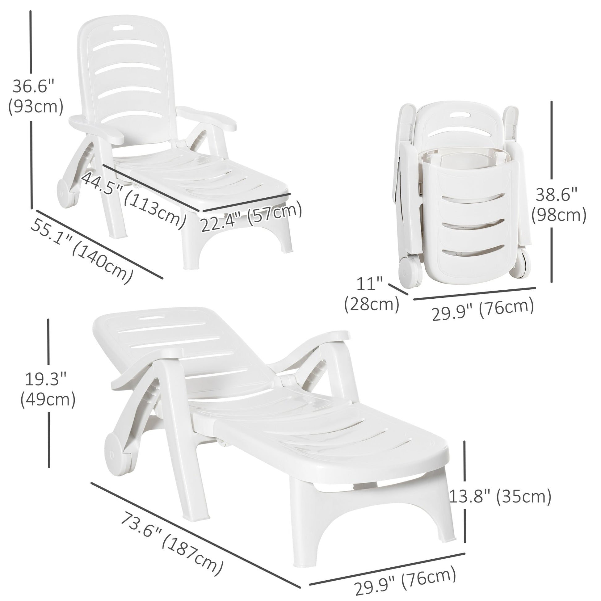 Outdoor Lounge Chair, 5 Level Adjustable Backrest Chaise Lounge with Wheels, Folding Tanning Chair for Pool, Beach, Patio, Garden, White