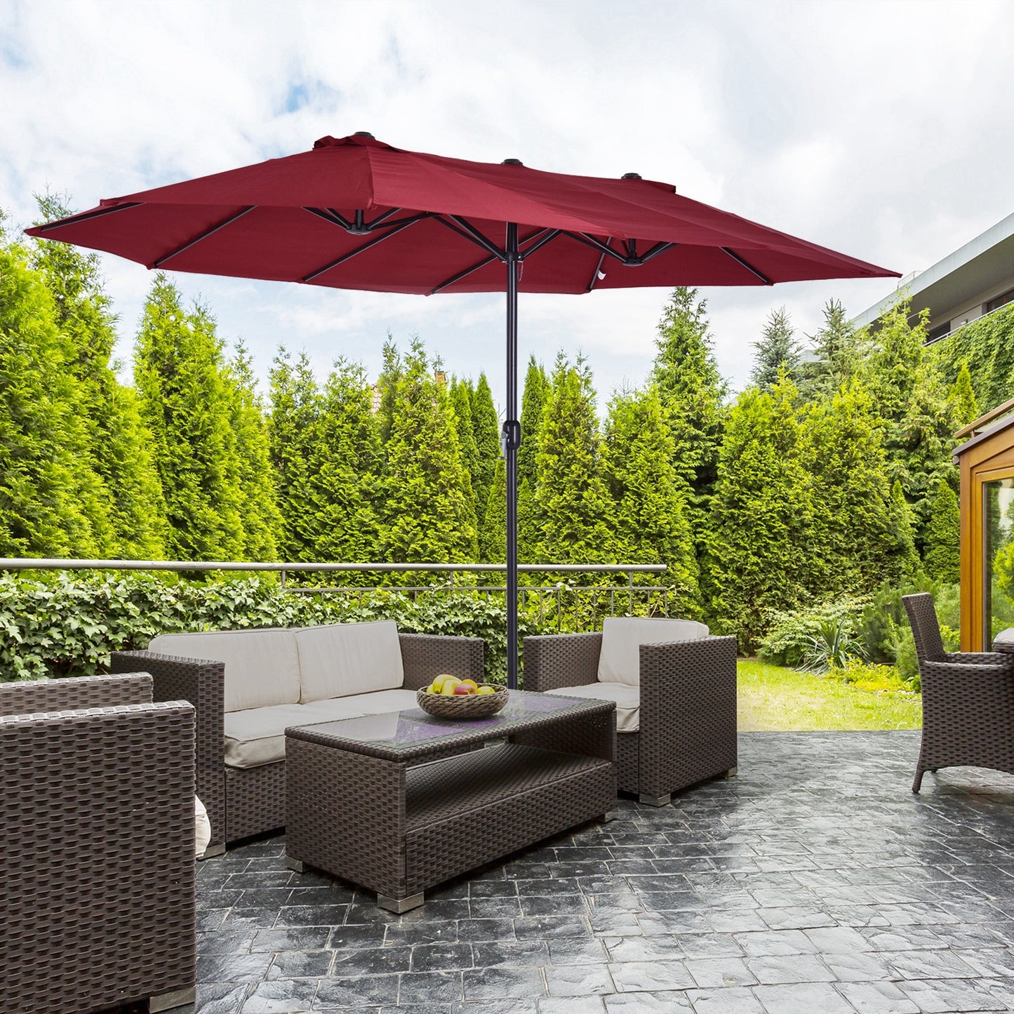 15ft Double-sided Patio Umbrella with Twin Canopy, Extra Large Outdoor Parasol with Crank for Pool, Deck, Market, Wine Red