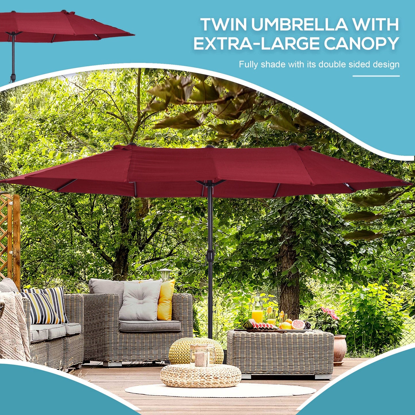 15ft Double-sided Patio Umbrella with Twin Canopy, Extra Large Outdoor Parasol with Crank for Pool, Deck, Market, Wine Red