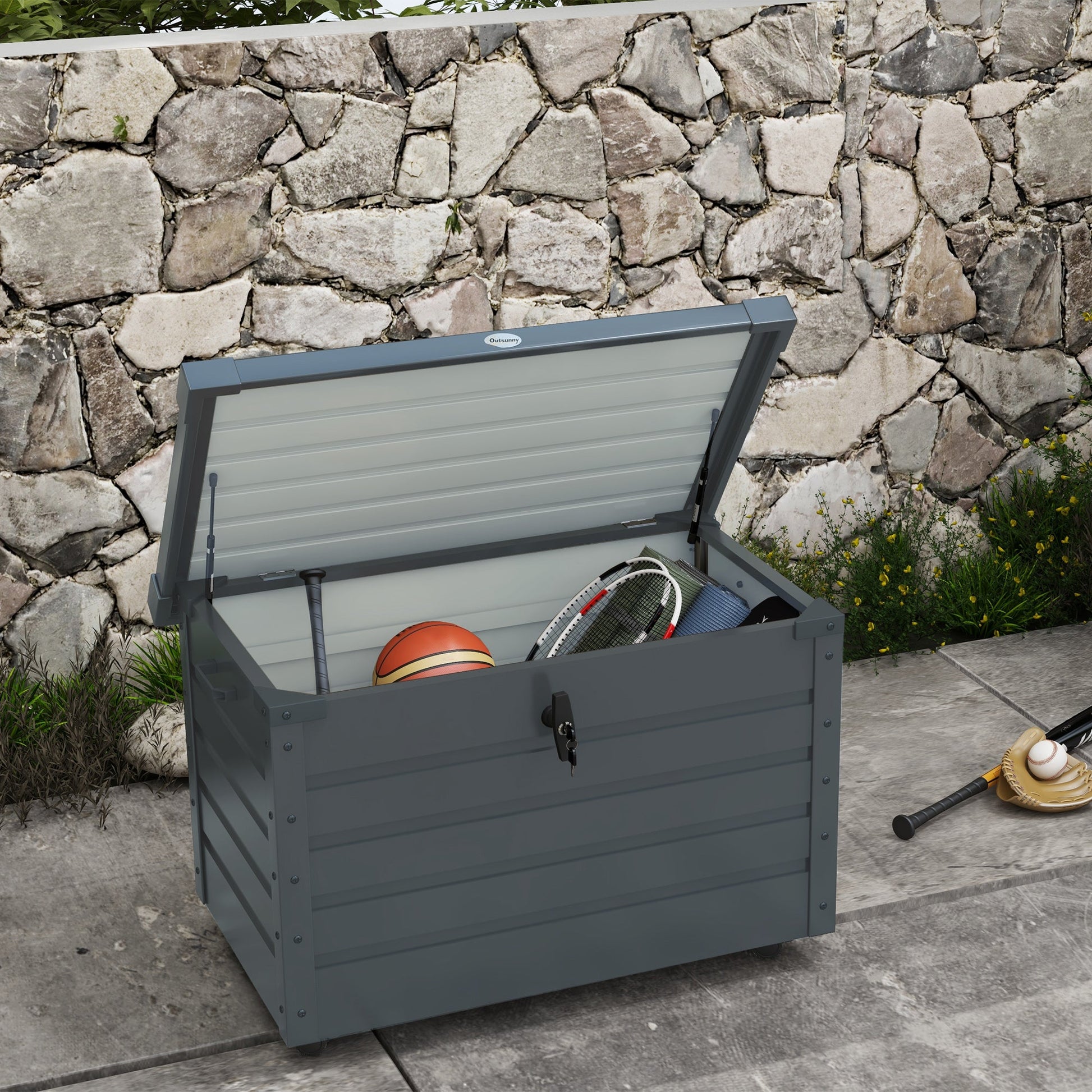 78 Gallon Garden Storage Box, Waterproof Outdoor Storage Container with Wheels and Handles, Lockable Galvanised Steel Outside Deck Box for Tools, Cushions, Dark Grey