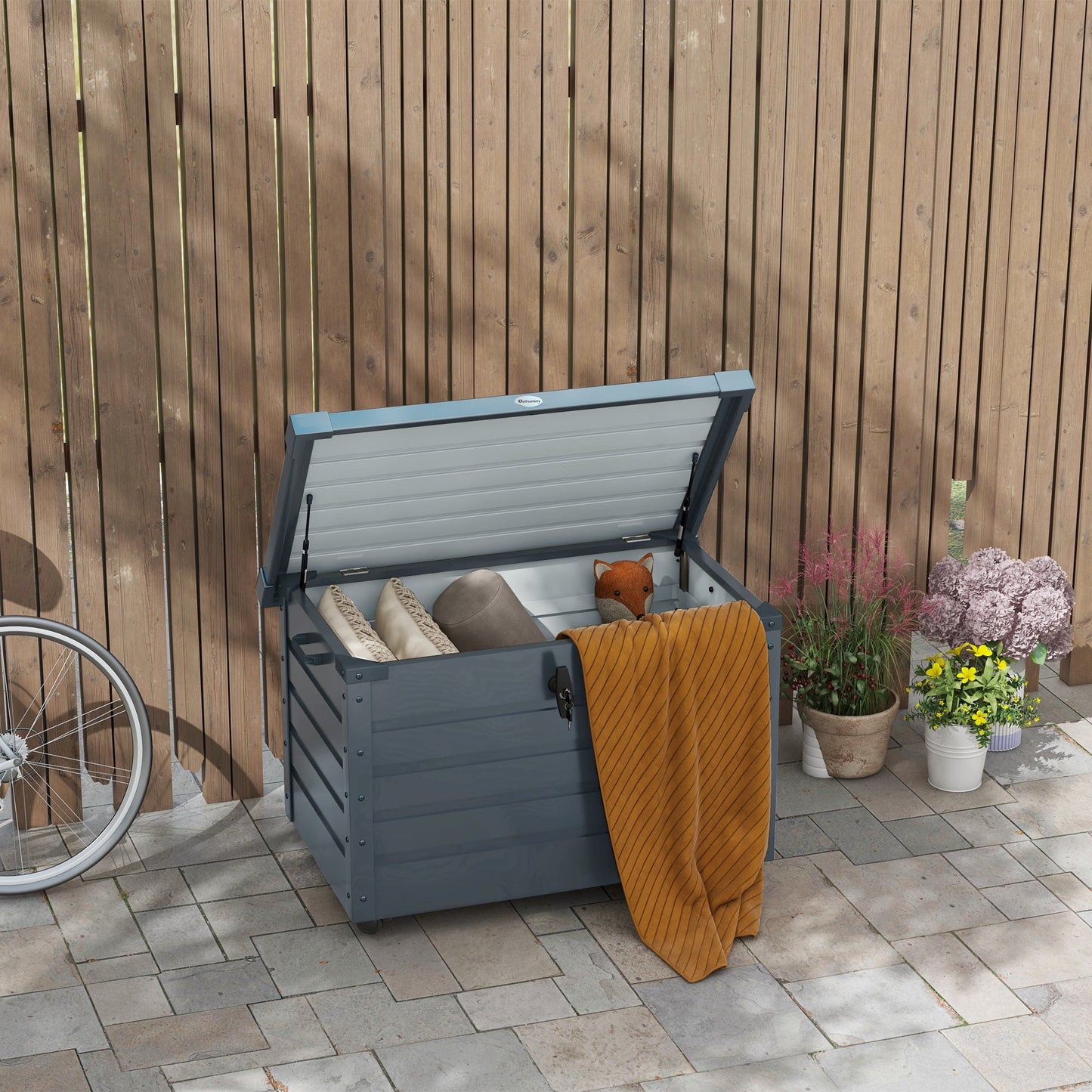 78 Gallon Garden Storage Box, Waterproof Outdoor Storage Container with Wheels and Handles, Lockable Galvanised Steel Outside Deck Box for Tools, Cushions, Dark Grey