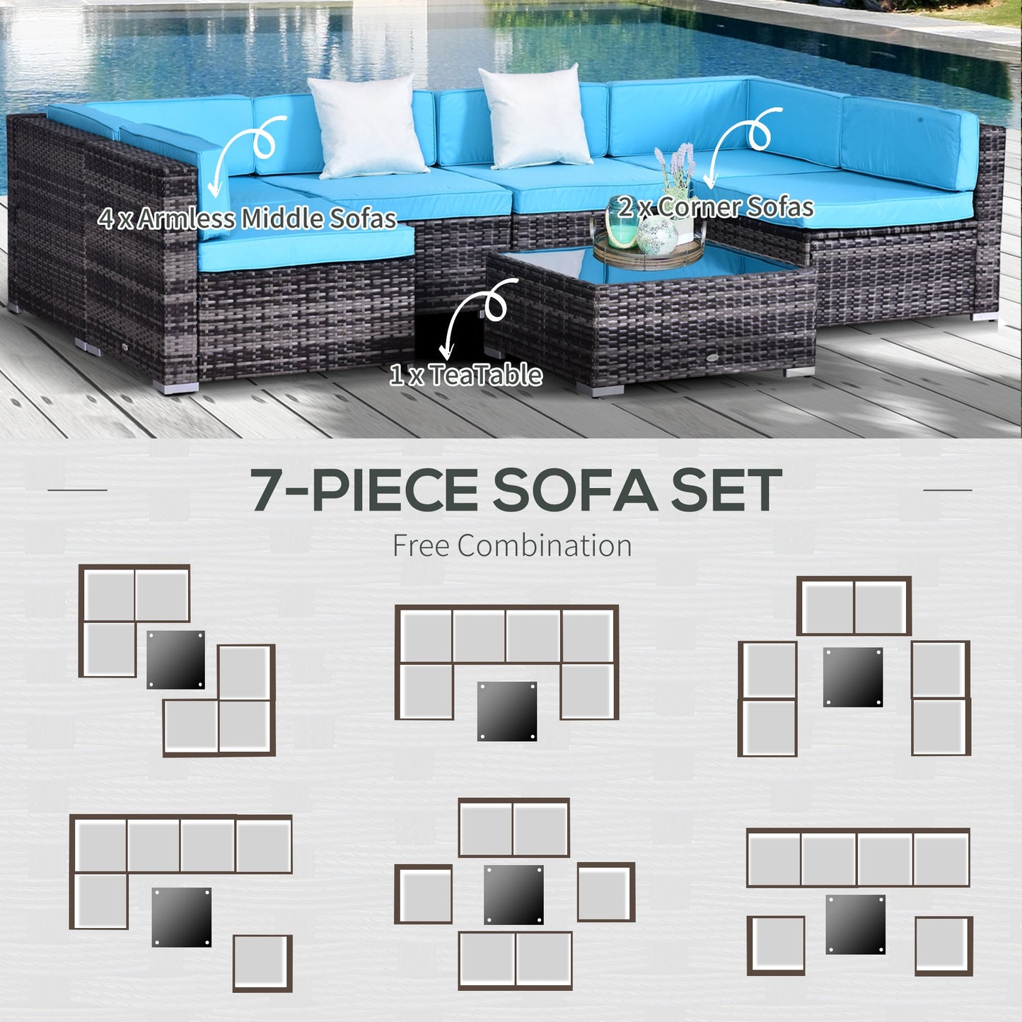 7 Piece Patio Furniture Set, PE Rattan Outdoor Conversation Set with Sectional Sofa, Glass Tabletop, Cushions and Pillows for Garden, Lawn, Deck, Mixed Grey and Sky Blue