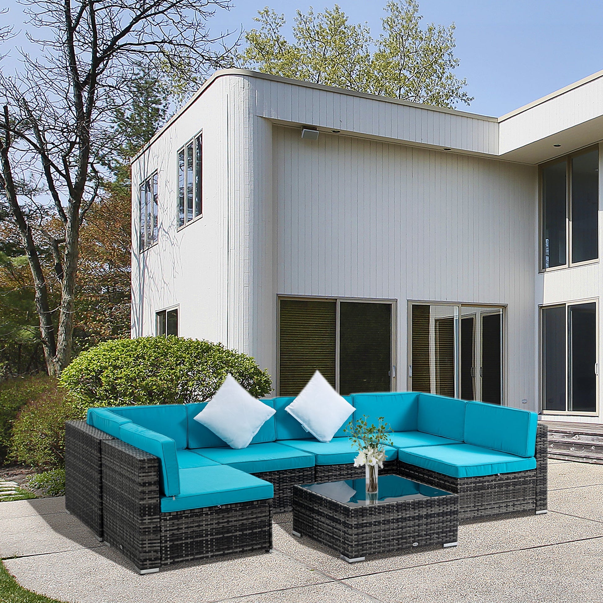 7 Piece Patio Furniture Set, PE Rattan Outdoor Conversation Set with Sectional Sofa, Glass Tabletop, Cushions and Pillows for Garden, Lawn, Deck, Mixed Grey and Sky Blue