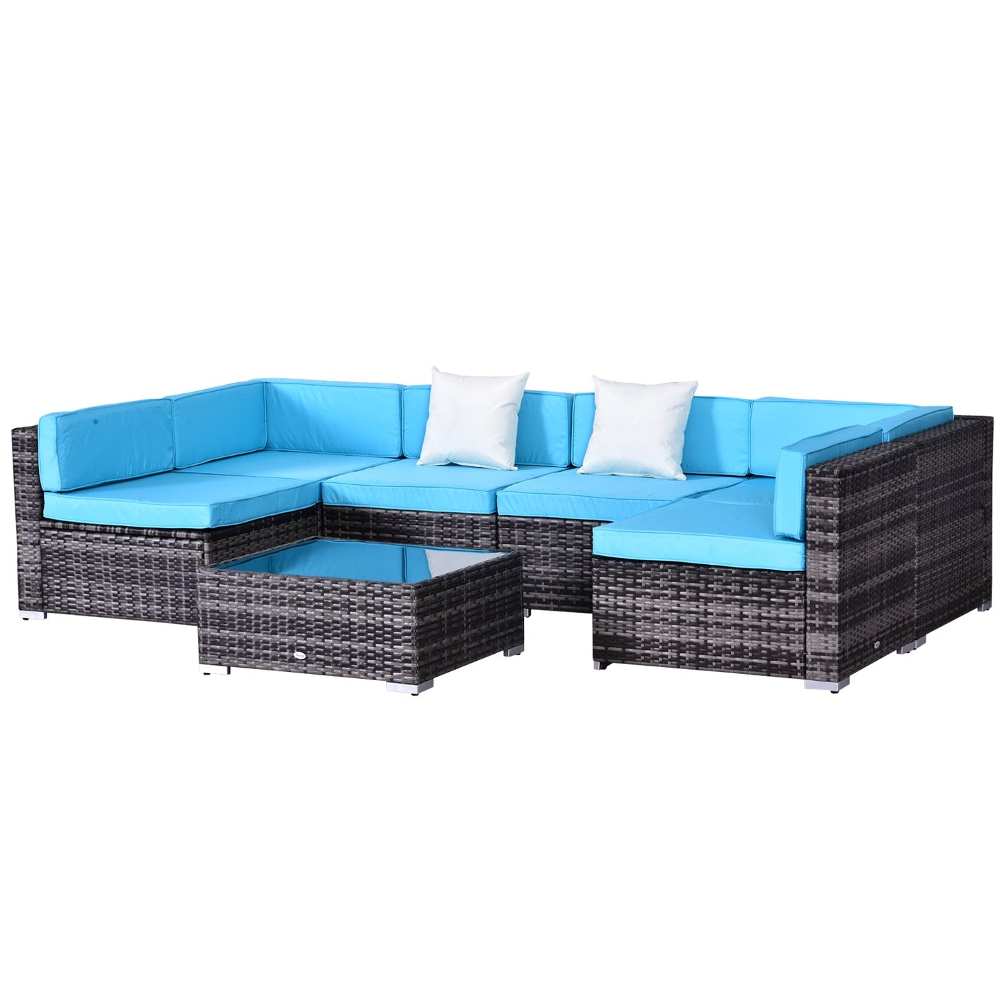 7 Piece Patio Furniture Set, PE Rattan Outdoor Conversation Set with Sectional Sofa, Glass Tabletop, Cushions and Pillows for Garden, Lawn, Deck, Mixed Grey and Sky Blue