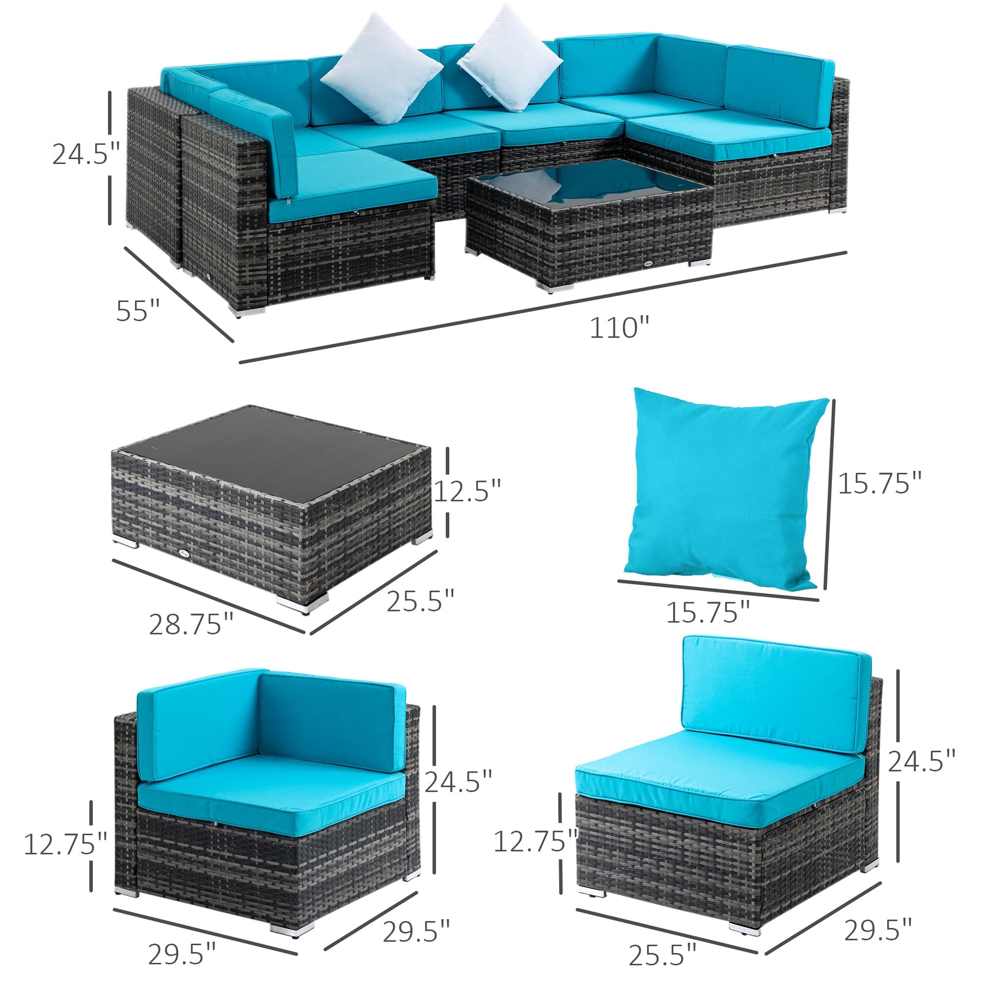 7 Piece Patio Furniture Set, PE Rattan Outdoor Conversation Set with Sectional Sofa, Glass Tabletop, Cushions and Pillows for Garden, Lawn, Deck, Mixed Grey and Sky Blue