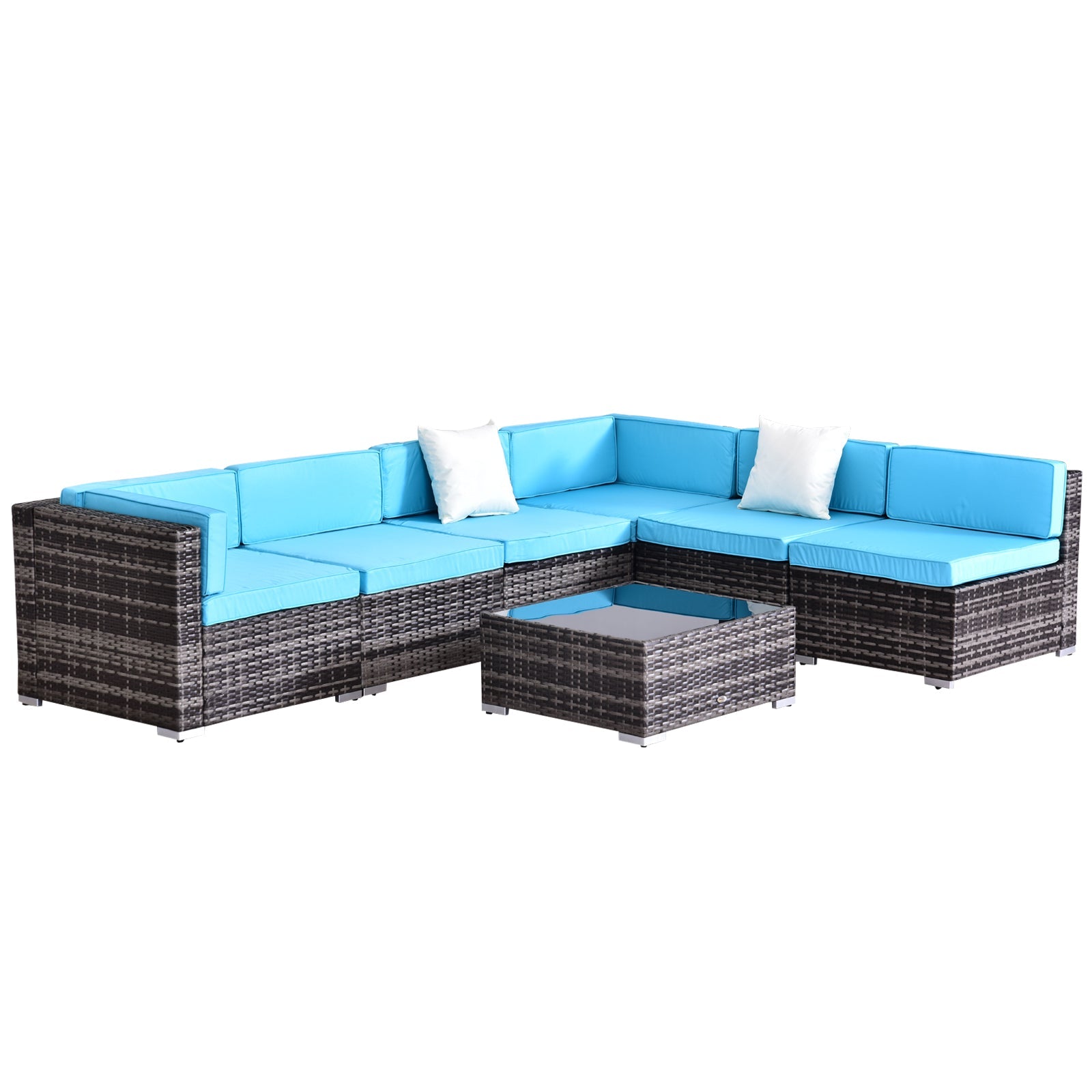 7 Piece Patio Furniture Set, PE Rattan Outdoor Conversation Set with Sectional Sofa, Glass Tabletop, Cushions and Pillows for Garden, Lawn, Deck, Mixed Grey and Sky Blue