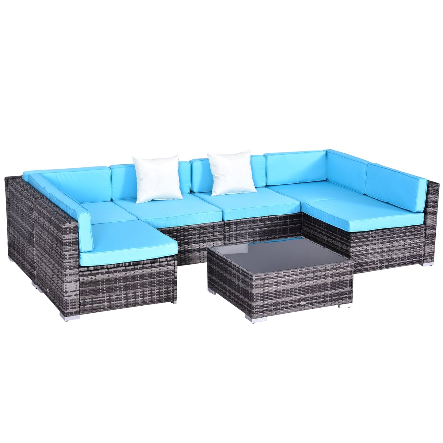 7 Piece Patio Furniture Set, PE Rattan Outdoor Conversation Set with Sectional Sofa, Glass Tabletop, Cushions and Pillows for Garden, Lawn, Deck, Mixed Grey and Sky Blue