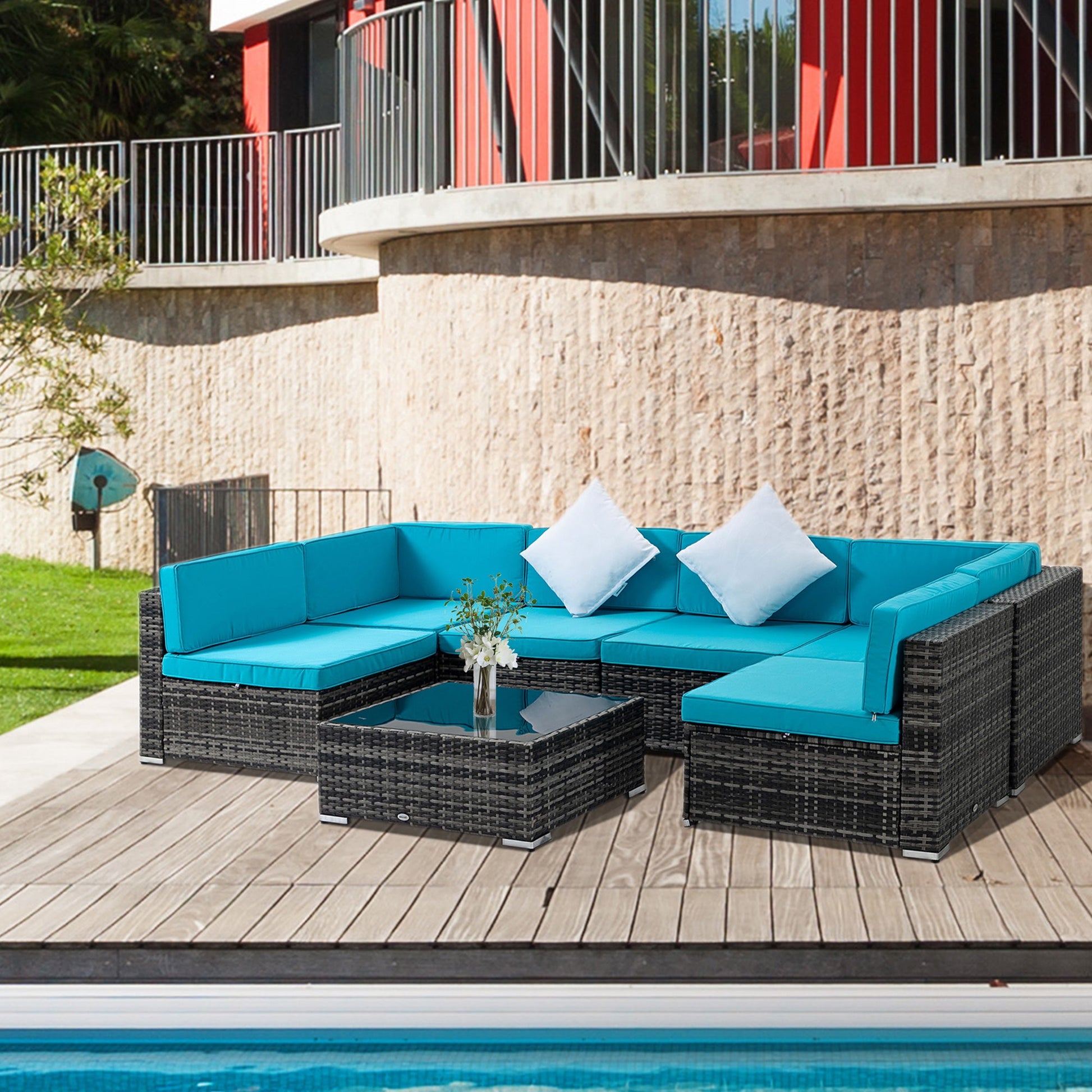 7 Piece Patio Furniture Set, PE Rattan Outdoor Conversation Set with Sectional Sofa, Glass Tabletop, Cushions and Pillows for Garden, Lawn, Deck, Mixed Grey and Sky Blue