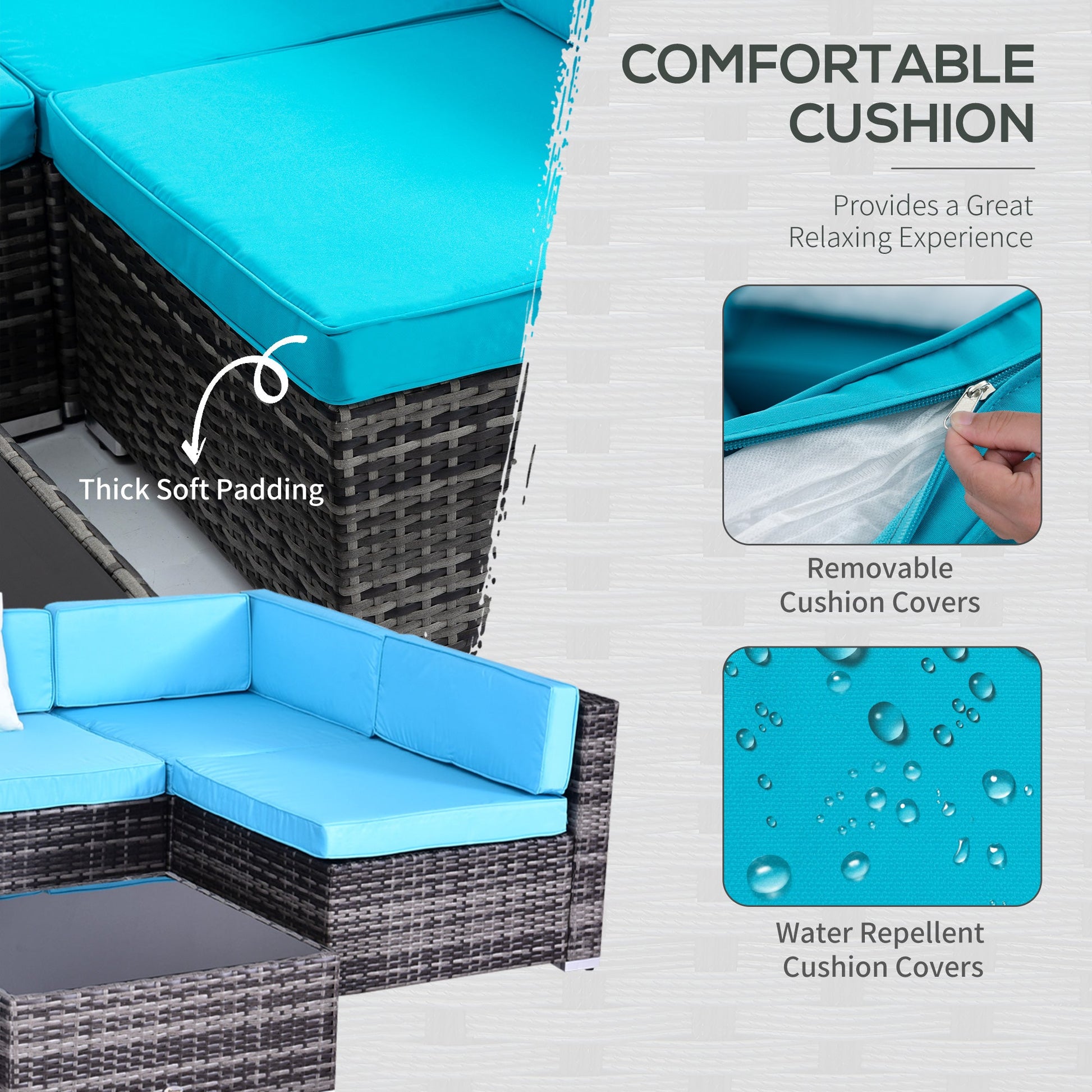 7 Piece Patio Furniture Set, PE Rattan Outdoor Conversation Set with Sectional Sofa, Glass Tabletop, Cushions and Pillows for Garden, Lawn, Deck, Mixed Grey and Sky Blue