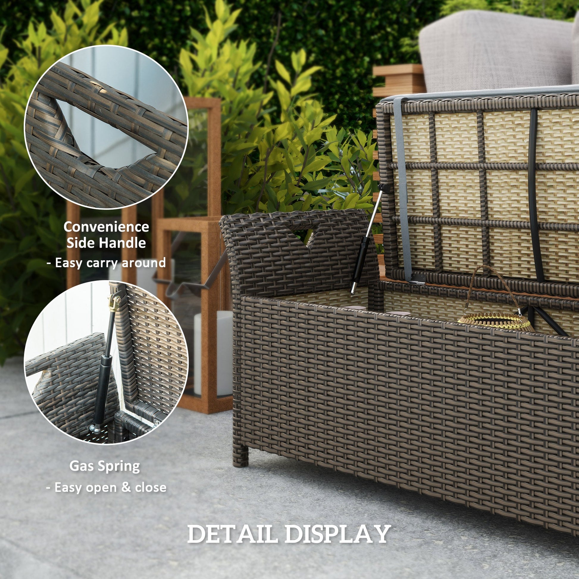2-In-1 Patio Wicker Storage Bench, 29 Gallon Outdoor PE Rattan Patio Furniture, Large Capacity Rectangle Basket Box with Handles and Cushion, Dark Grey