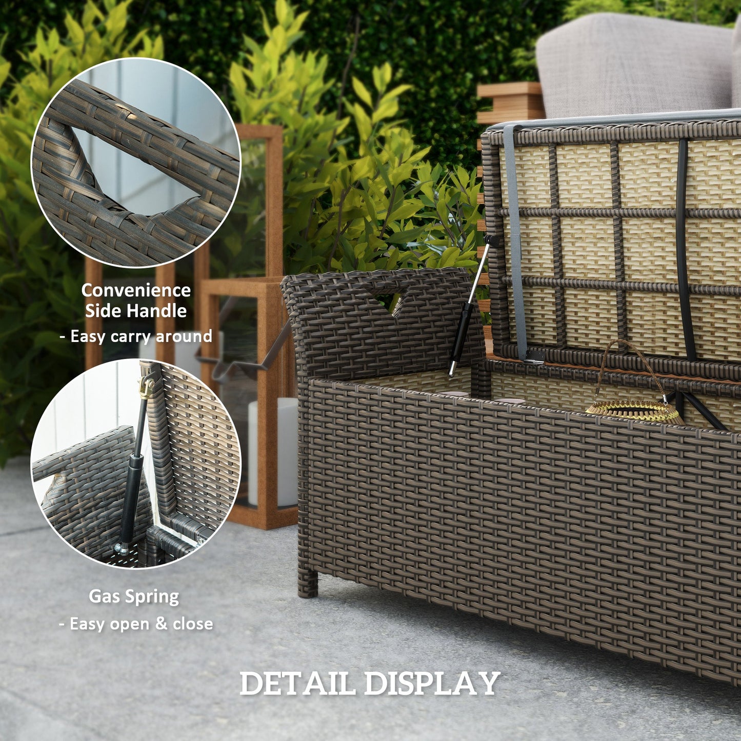 2-In-1 Patio Wicker Storage Bench, 29 Gallon Outdoor PE Rattan Patio Furniture, Large Capacity Rectangle Basket Box with Handles and Cushion, Dark Grey