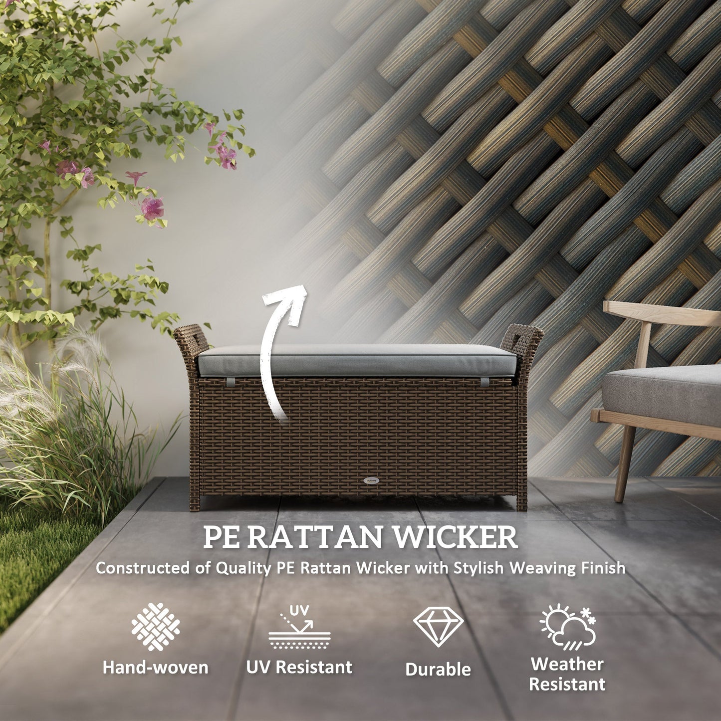 2-In-1 Patio Wicker Storage Bench, 29 Gallon Outdoor PE Rattan Patio Furniture, Large Capacity Rectangle Basket Box with Handles and Cushion, Dark Grey