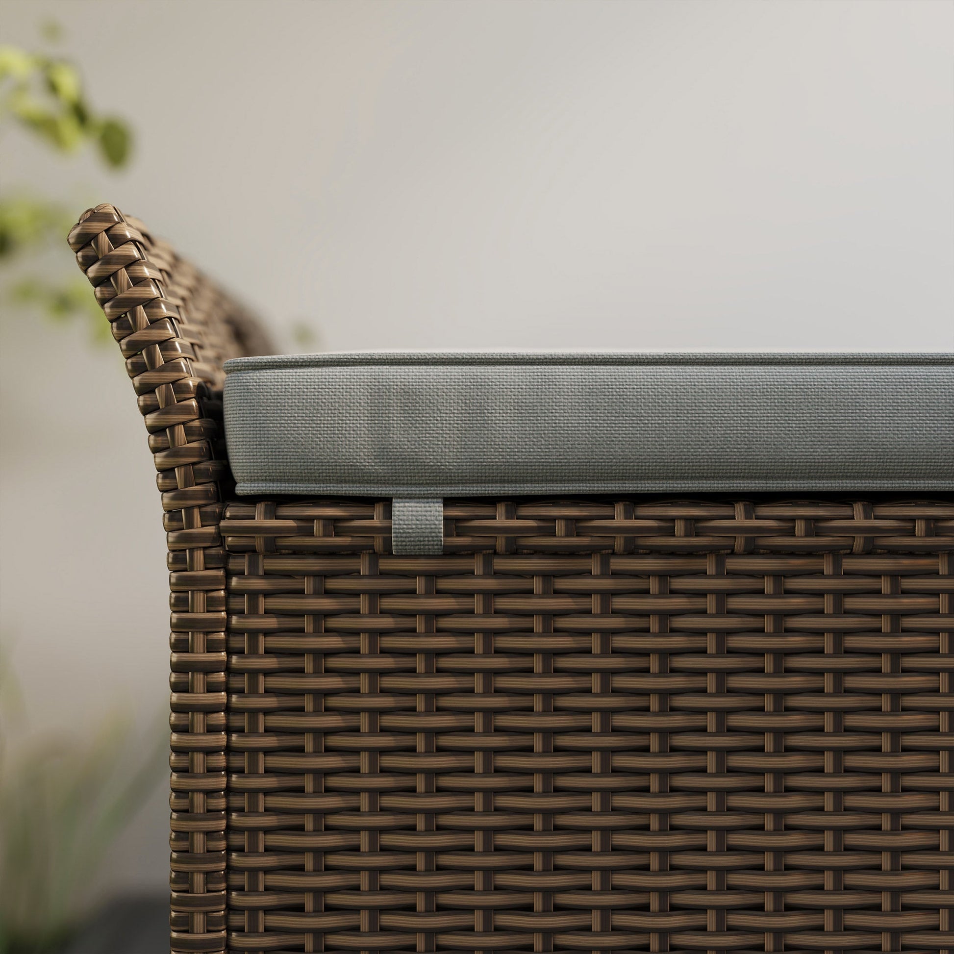 2-In-1 Patio Wicker Storage Bench, 29 Gallon Outdoor PE Rattan Patio Furniture, Large Capacity Rectangle Basket Box with Handles and Cushion, Dark Grey