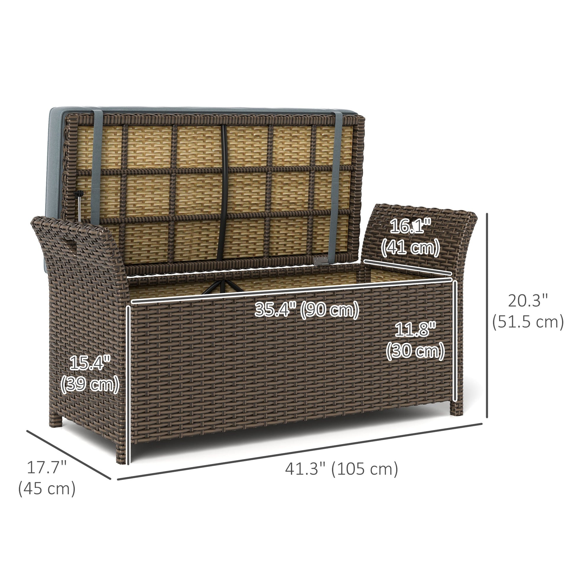2-In-1 Patio Wicker Storage Bench, 29 Gallon Outdoor PE Rattan Patio Furniture, Large Capacity Rectangle Basket Box with Handles and Cushion, Dark Grey