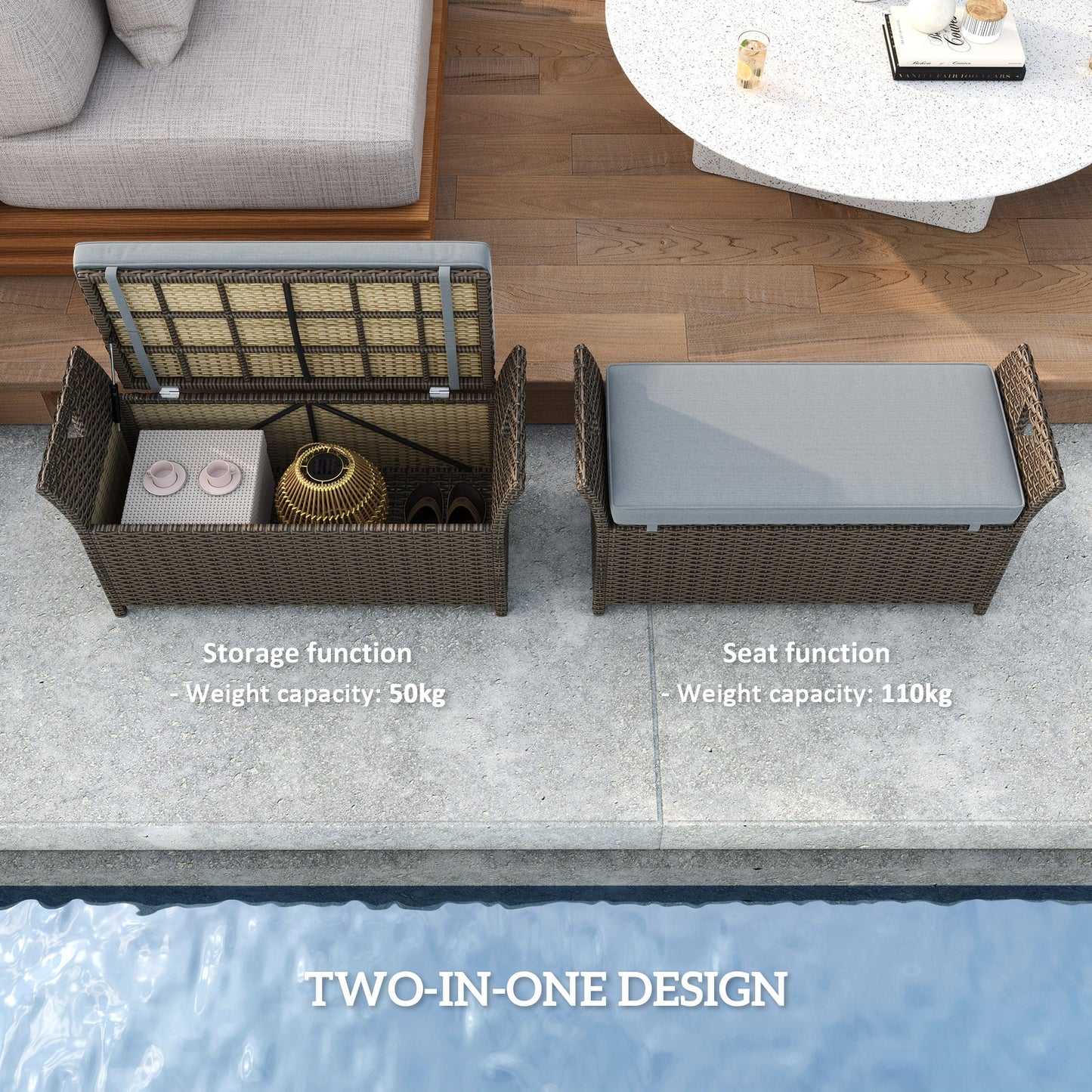 2-In-1 Patio Wicker Storage Bench, 29 Gallon Outdoor PE Rattan Patio Furniture, Large Capacity Rectangle Basket Box with Handles and Cushion, Dark Grey