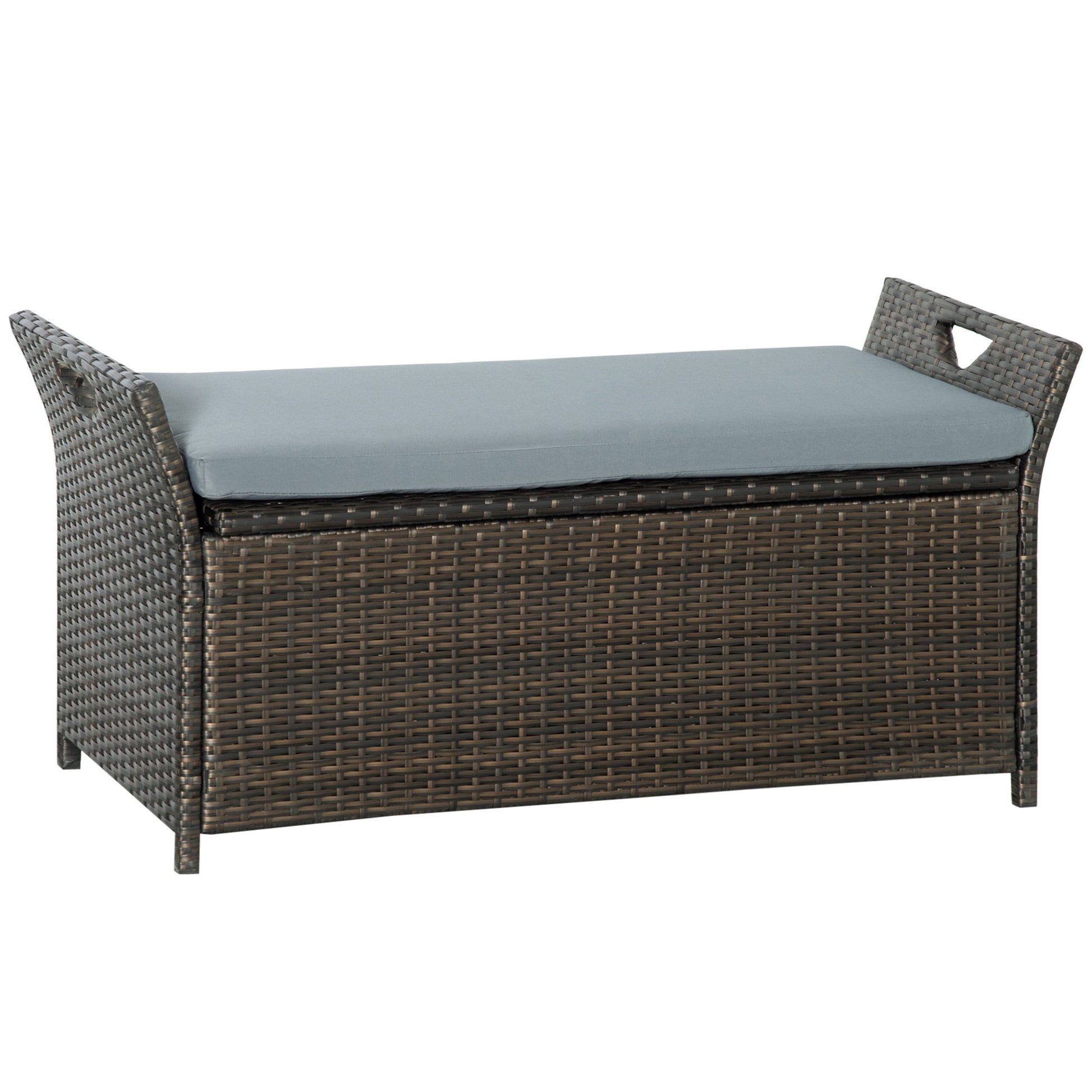 2-In-1 Patio Wicker Storage Bench, 29 Gallon Outdoor PE Rattan Patio Furniture, Large Capacity Rectangle Basket Box with Handles and Cushion, Dark Grey