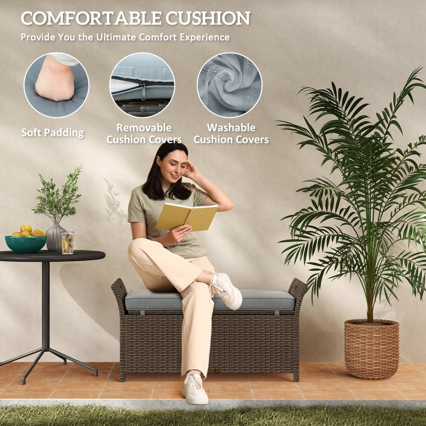 2-In-1 Patio Wicker Storage Bench, 29 Gallon Outdoor PE Rattan Patio Furniture, Large Capacity Rectangle Basket Box with Handles and Cushion, Dark Grey