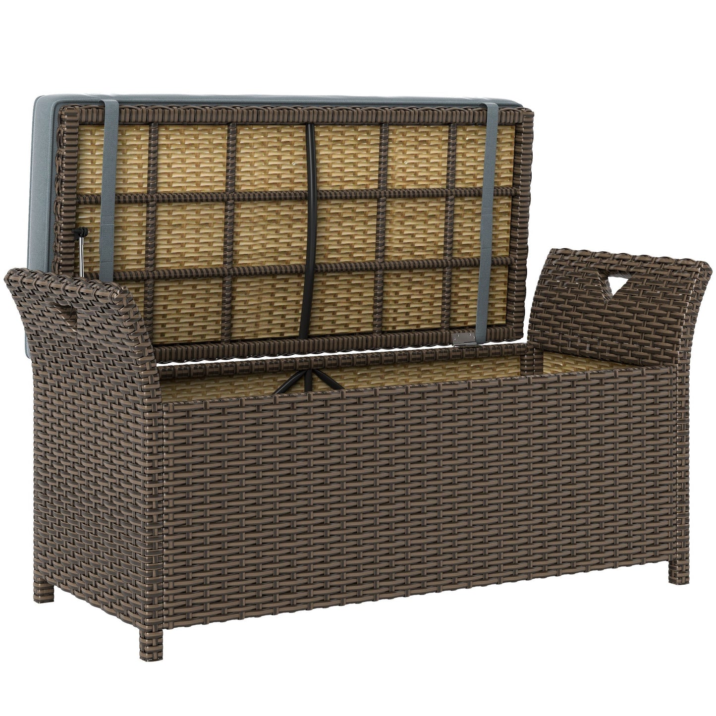 2-In-1 Patio Wicker Storage Bench, 29 Gallon Outdoor PE Rattan Patio Furniture, Large Capacity Rectangle Basket Box with Handles and Cushion, Dark Grey