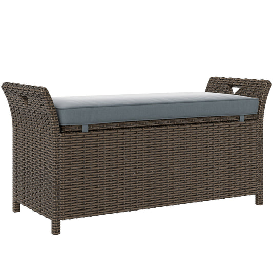 2-In-1 Patio Wicker Storage Bench, 29 Gallon Outdoor PE Rattan Patio Furniture, Large Capacity Rectangle Basket Box with Handles and Cushion, Dark Grey