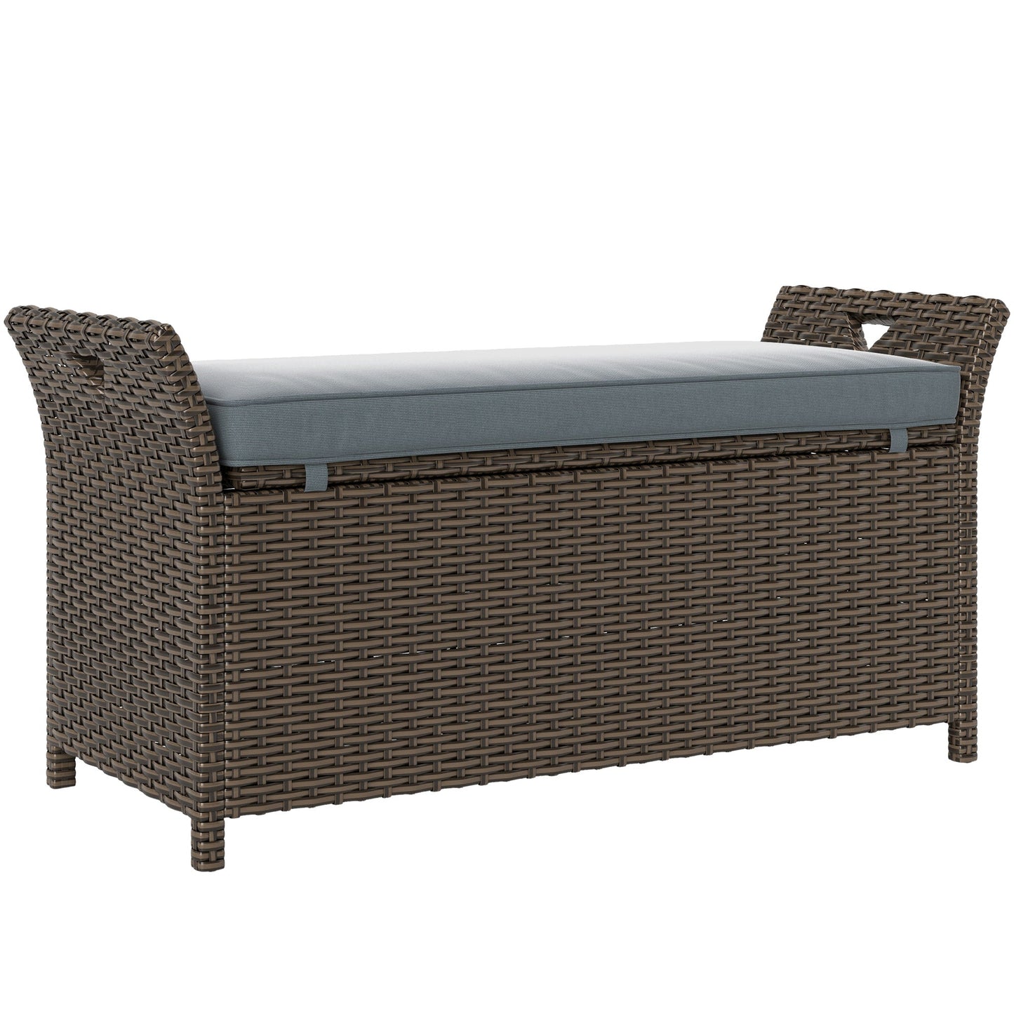 2-In-1 Patio Wicker Storage Bench, 29 Gallon Outdoor PE Rattan Patio Furniture, Large Capacity Rectangle Basket Box with Handles and Cushion, Dark Grey