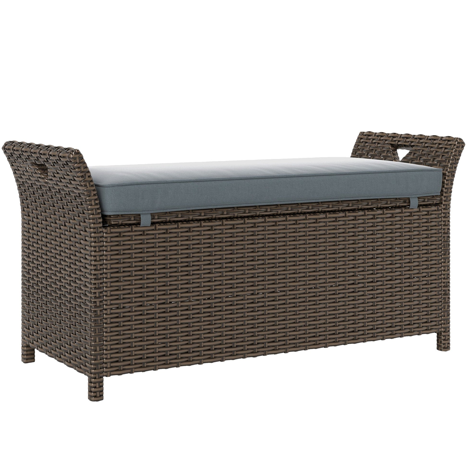 2-In-1 Patio Wicker Storage Bench, 29 Gallon Outdoor PE Rattan Patio Furniture, Large Capacity Rectangle Basket Box with Handles and Cushion, Dark Grey