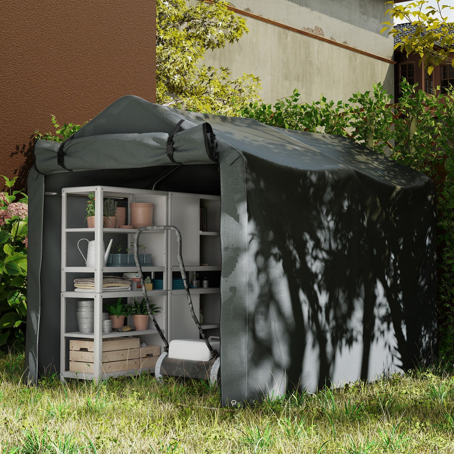 7' x 5' Garden Storage Tent, UV Resistant Bike Shed, Patio Storage Shelter with Roll-up Zipper Door, Outdoor Waterproof Carport Shelter for Bike, Motorcycle, Dark Grey