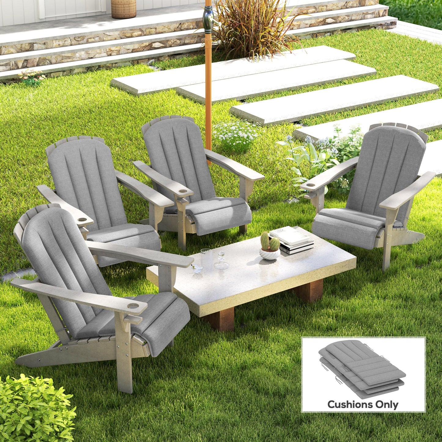 Adirondack Chair Cushion Set of 4, Outdoor Chair Cushions, High Back Patio Chair Cushions with Ties, Non-Slip Replacement Seat Cushion for Patio Furniture, Grey