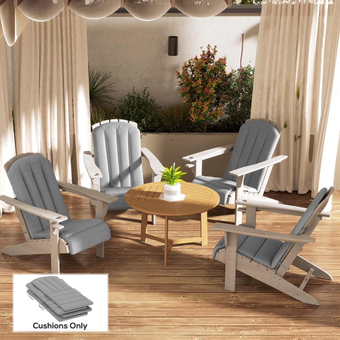 Adirondack Chair Cushion Set of 4, Outdoor Chair Cushions, High Back Patio Chair Cushions with Ties, Non-Slip Replacement Seat Cushion for Patio Furniture, Grey