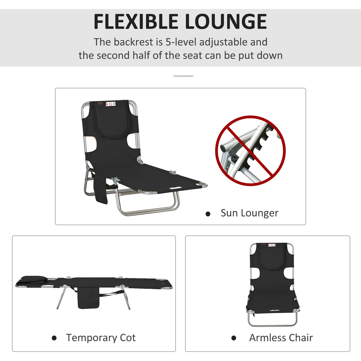 Folding Lounge Chair Outdoor Tanning Chair with Face Hole, 5-Position Reclining Sun Lounger Chaise Lounge Cot with Side Pocket, Carry Strap for Beach Pool, Yard, Black