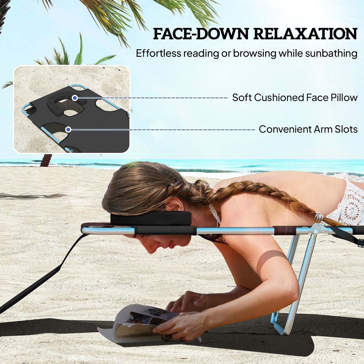 Folding Lounge Chair Outdoor Tanning Chair with Face Hole, 5-Position Reclining Sun Lounger Chaise Lounge Cot with Side Pocket, Carry Strap for Beach Pool, Yard, Black